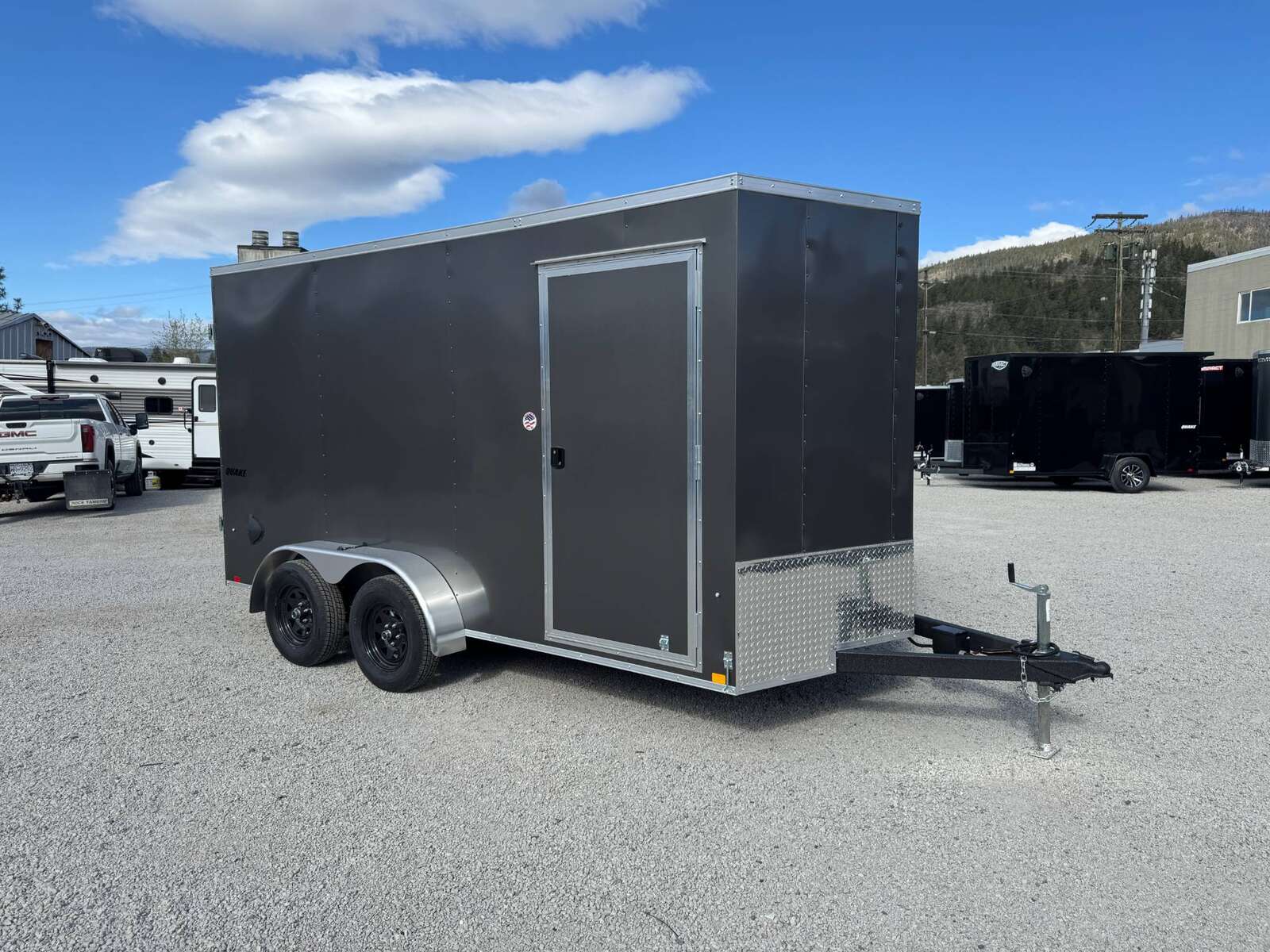 Photo of **Scratch Sale** 2026 Impact 7x14 Quake V Nose Cargo Enclosed Trailer Barn Doors Extra Height Charcoal Grey 7000lb GVW