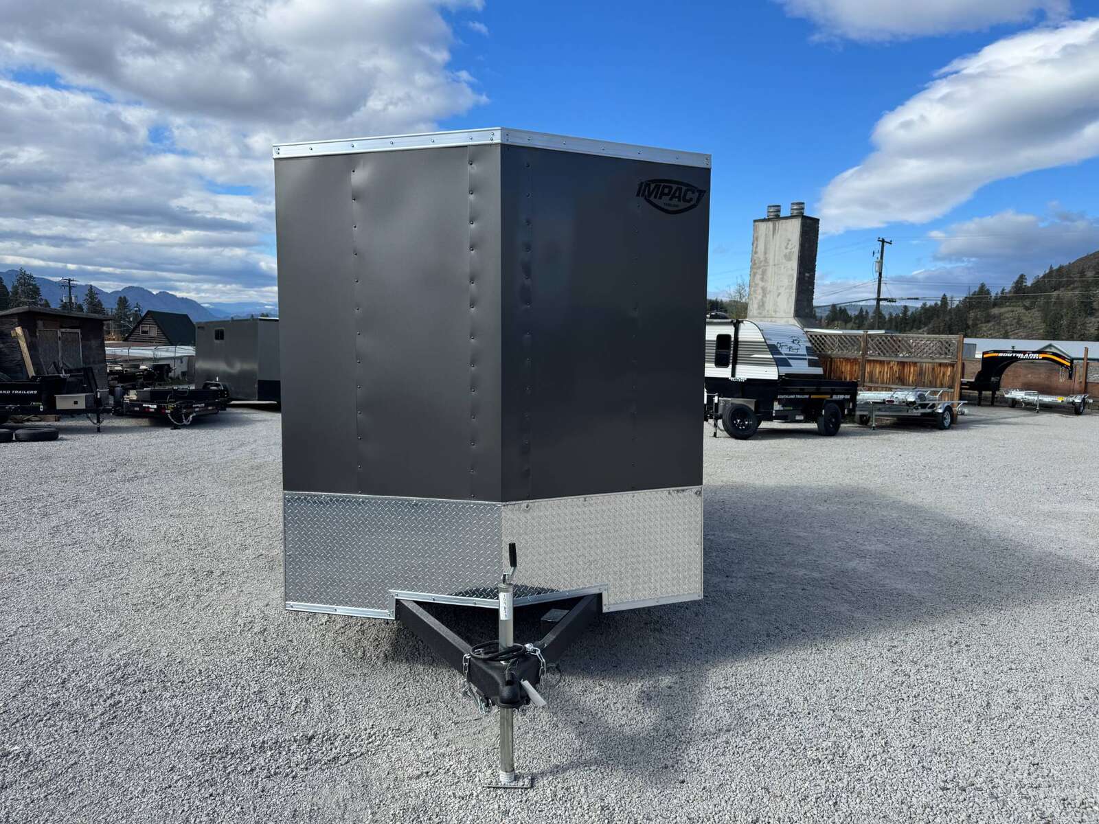 Photo of **Scratch Sale** 2026 Impact 7x14 Quake V Nose Cargo Enclosed Trailer Barn Doors Extra Height Charcoal Grey 7000lb GVW